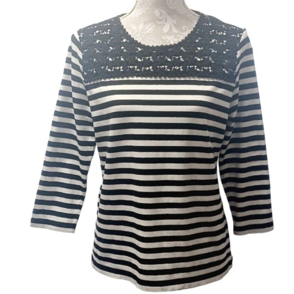 Chico's women's black and white stripe top with lace accent